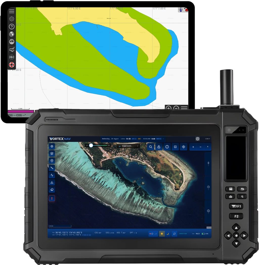 The same Fiji anchorage on two screens: an OpenCPN vector chart reduced to flat green and blue shapes, and Scout showing satellite imagery of the reef, the pass and the sand